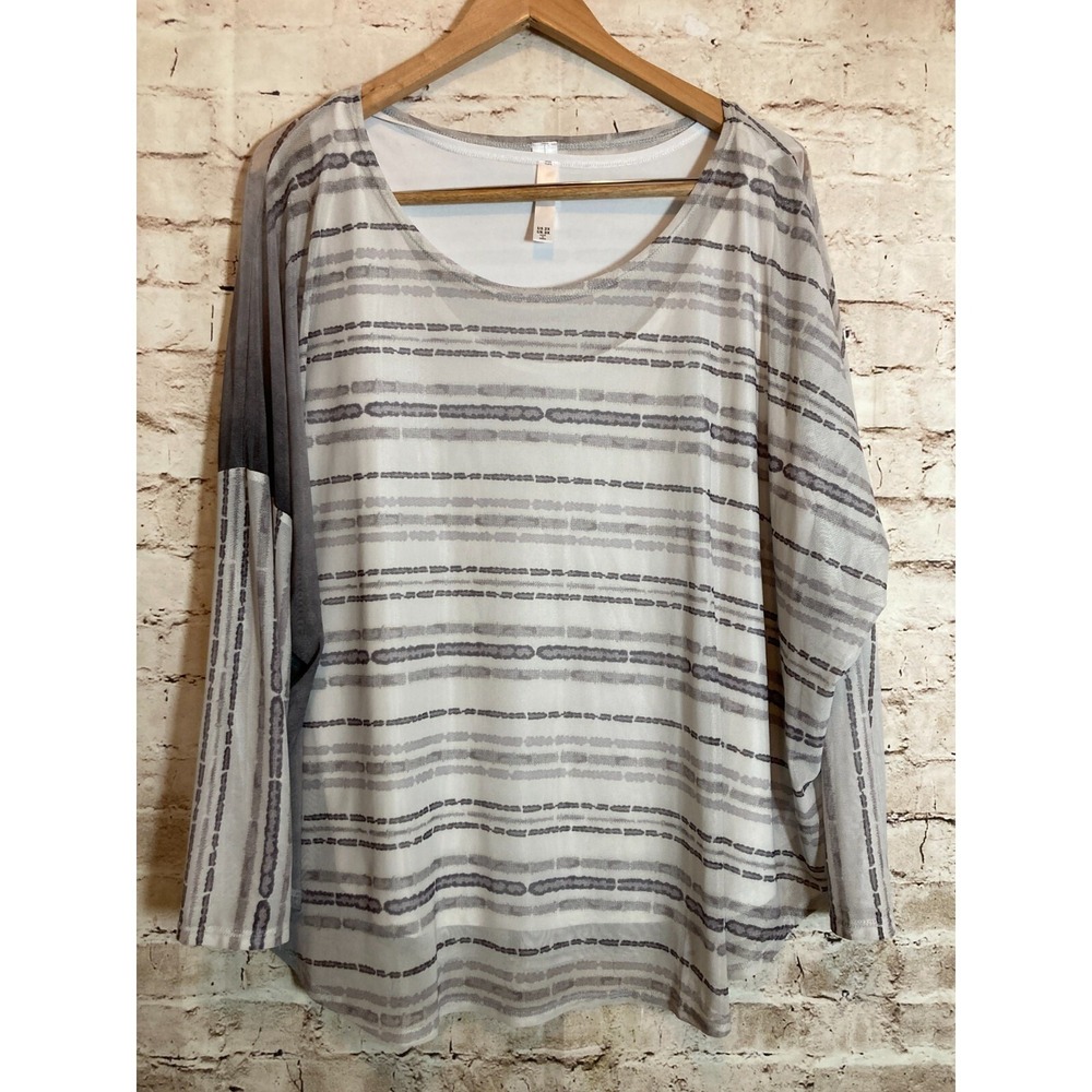 MarlaWynne Gray Striped Mesh Overlay Layered Top Womens 2X Plus Artsy Blouse